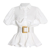 Charismatic Collared Half Button Puff Sleeve Belted Pleated Ruffle Peplum Shirt